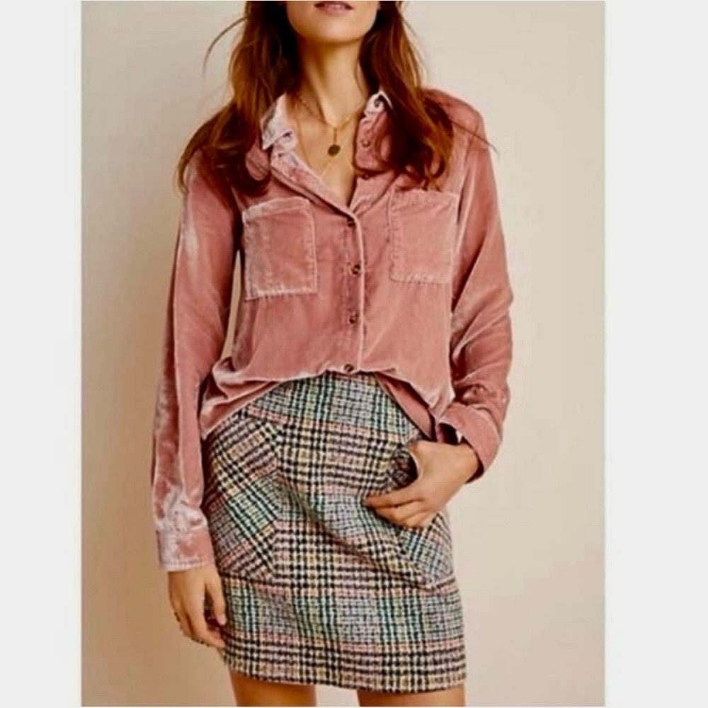 Anthropologie Maeve Karina Velvet Shirt in Dusty Rose
